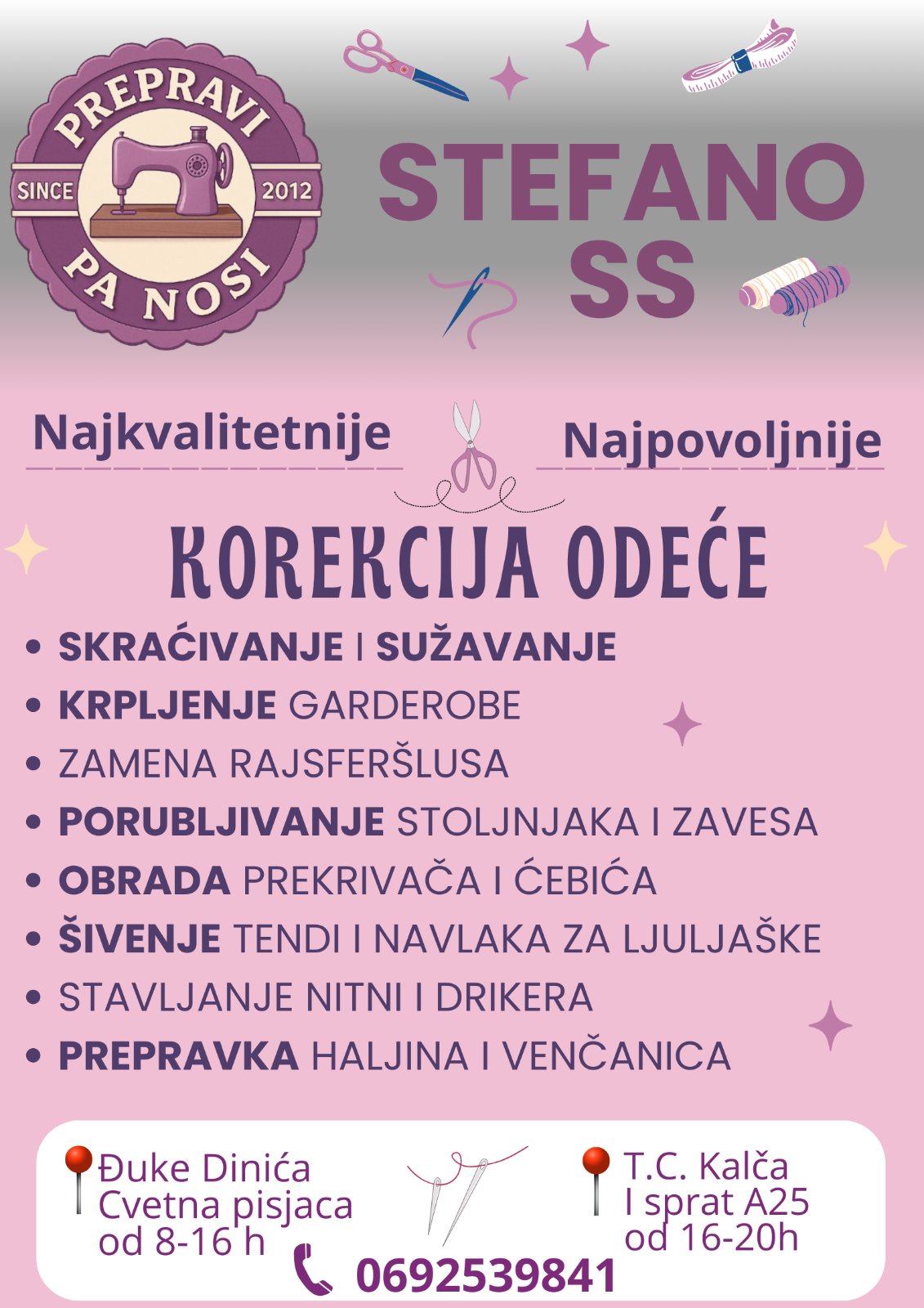 Potrebna šnajderka sa radnim iskustvom  za rad na korekciji odece0692539841