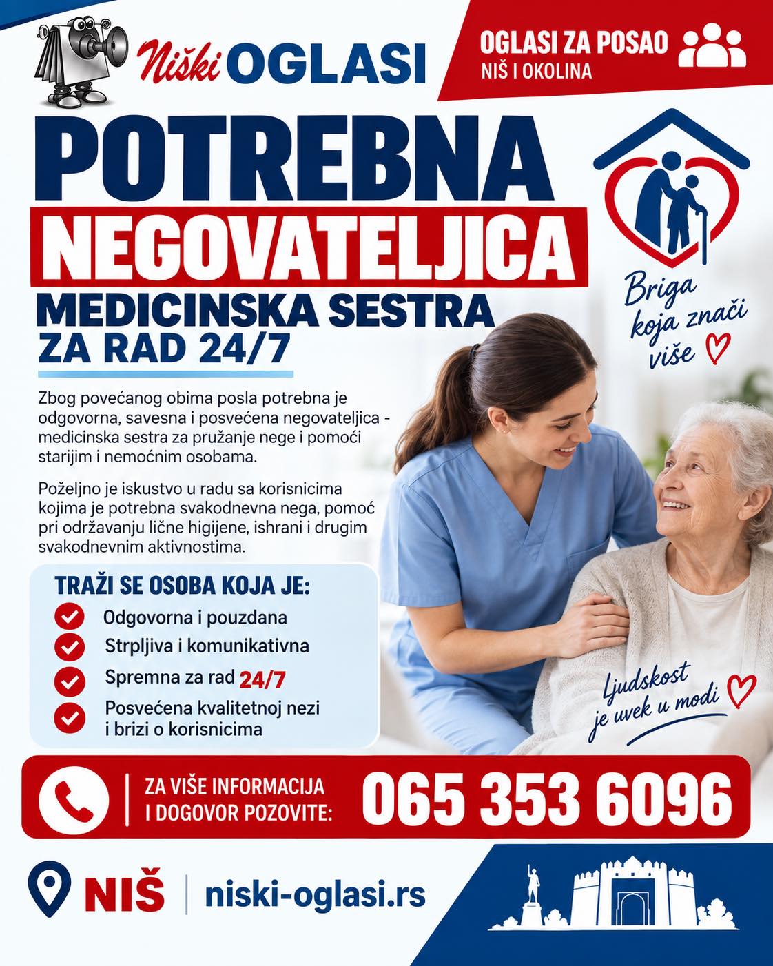 POTREBNA NEGOVATELJICA – MEDICINSKA SESTRA ZA RAD 24/7
